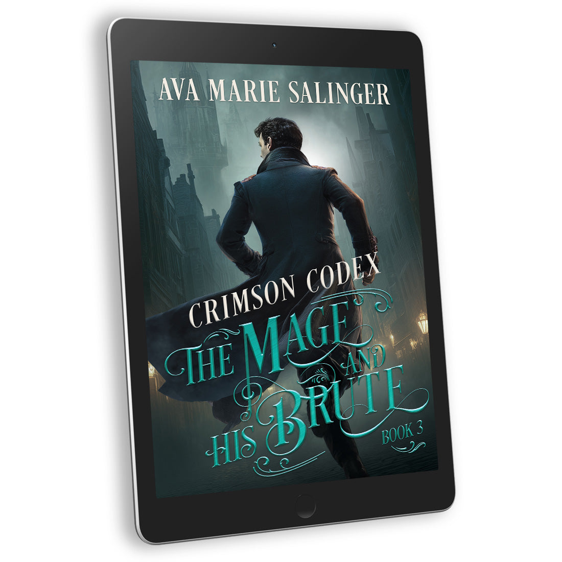 Ebook cover of 'Crimson Codex: The Mage and His Brute' by Ava Marie Salinger on a tablet screen. Gay historical romantic fantasy